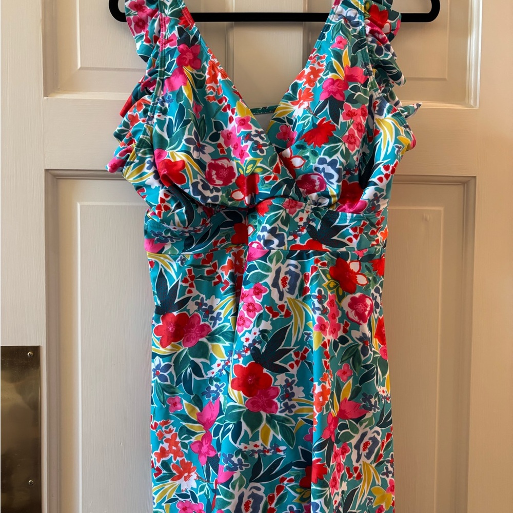 BloomChic Teal Floral One-Piece Swimsuit with Pink & Red Accents